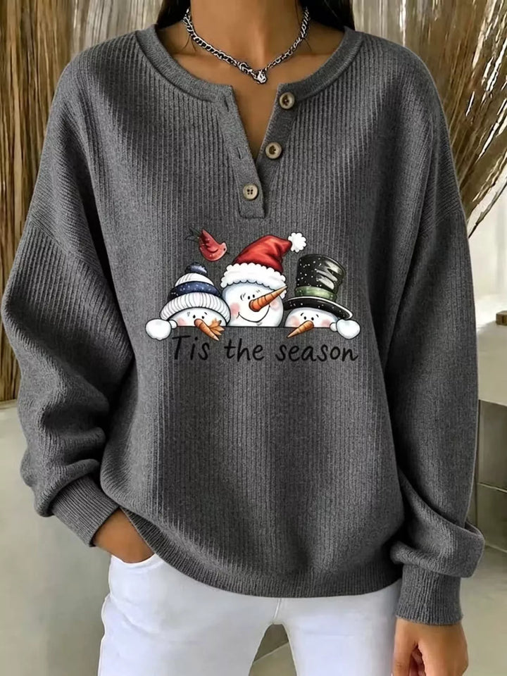 Snowman graphic henley placket in dark gray, front view