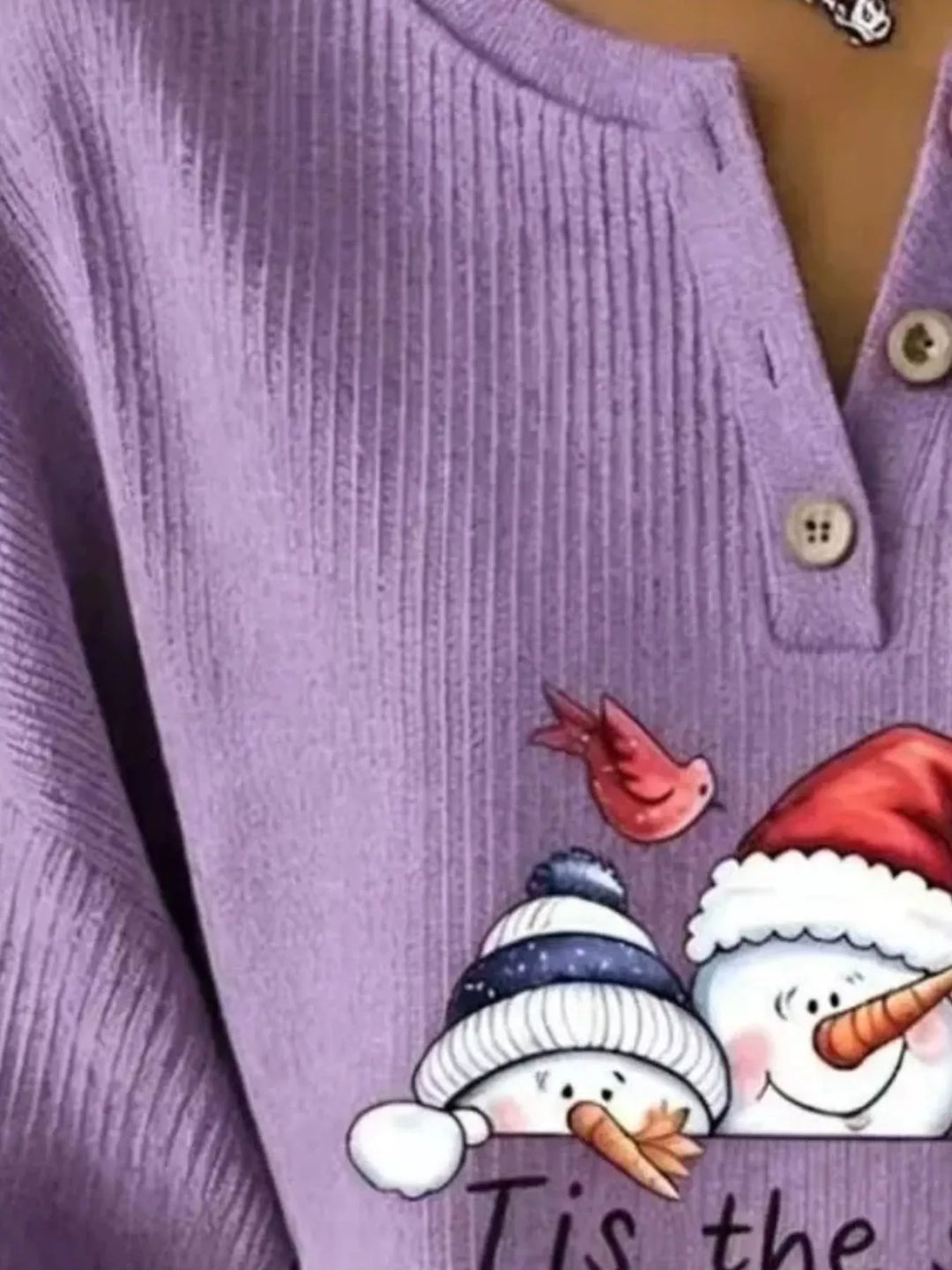 Snowman graphic henley placket in mauve, close-up detail