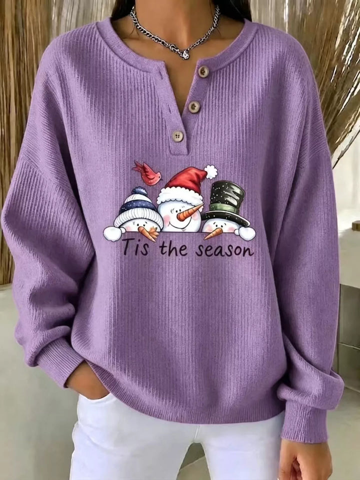 Snowman graphic henley placket in mauve, front view