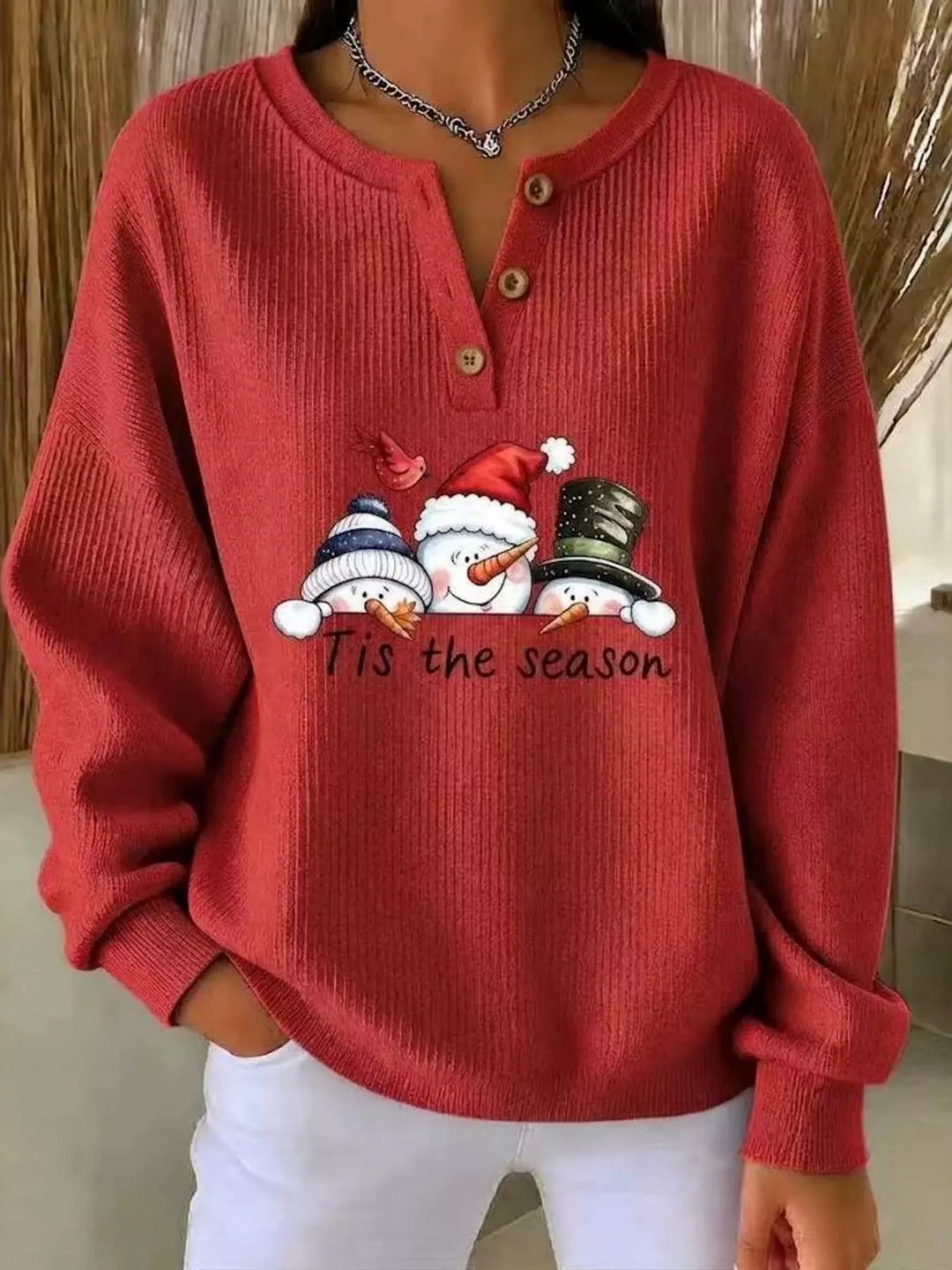 Snowman graphic henley placket in scarlet, front view