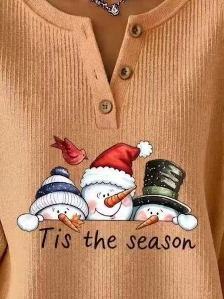 Snowman graphic henley placket in sherbet, close-up detail
