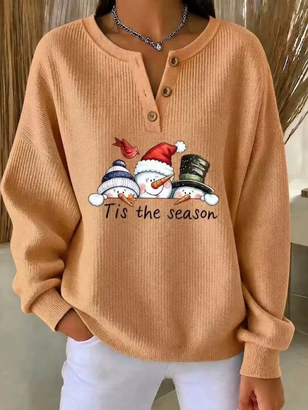 Snowman graphic henley placket in sherbet, front view