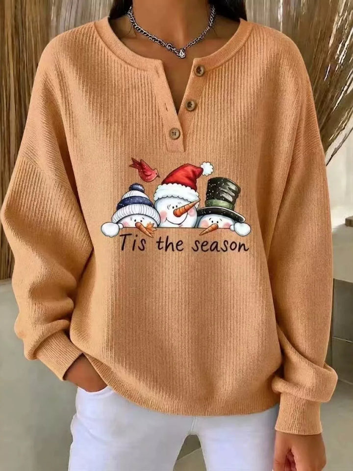 Snowman graphic henley placket in sherbet, front view