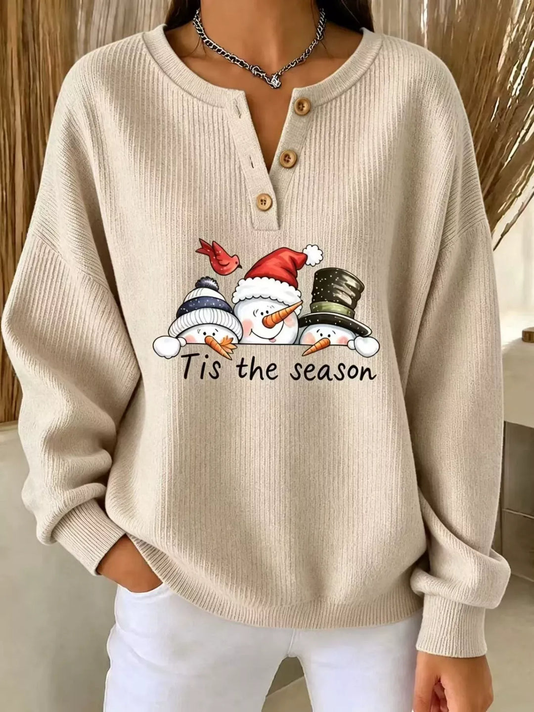 Snowman graphic henley placket in tan, front view