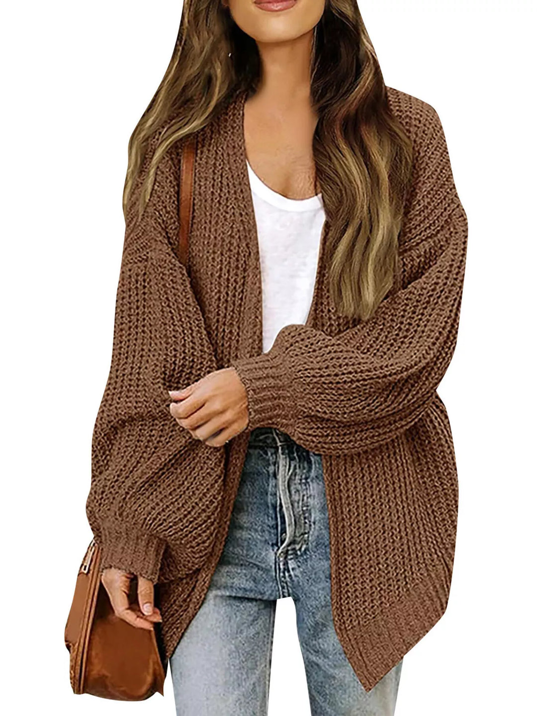Brown oversized batwing cardigan, open front styled with jeans
