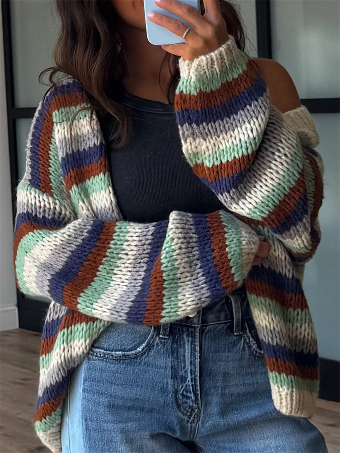 Earth stripe chunky knit cardigan oversized and open front, styled with high waist jeans