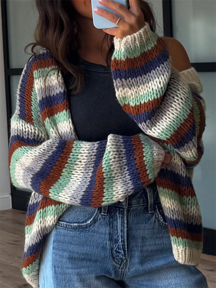 Earth stripe chunky knit cardigan oversized and open front, styled with high waist jeans