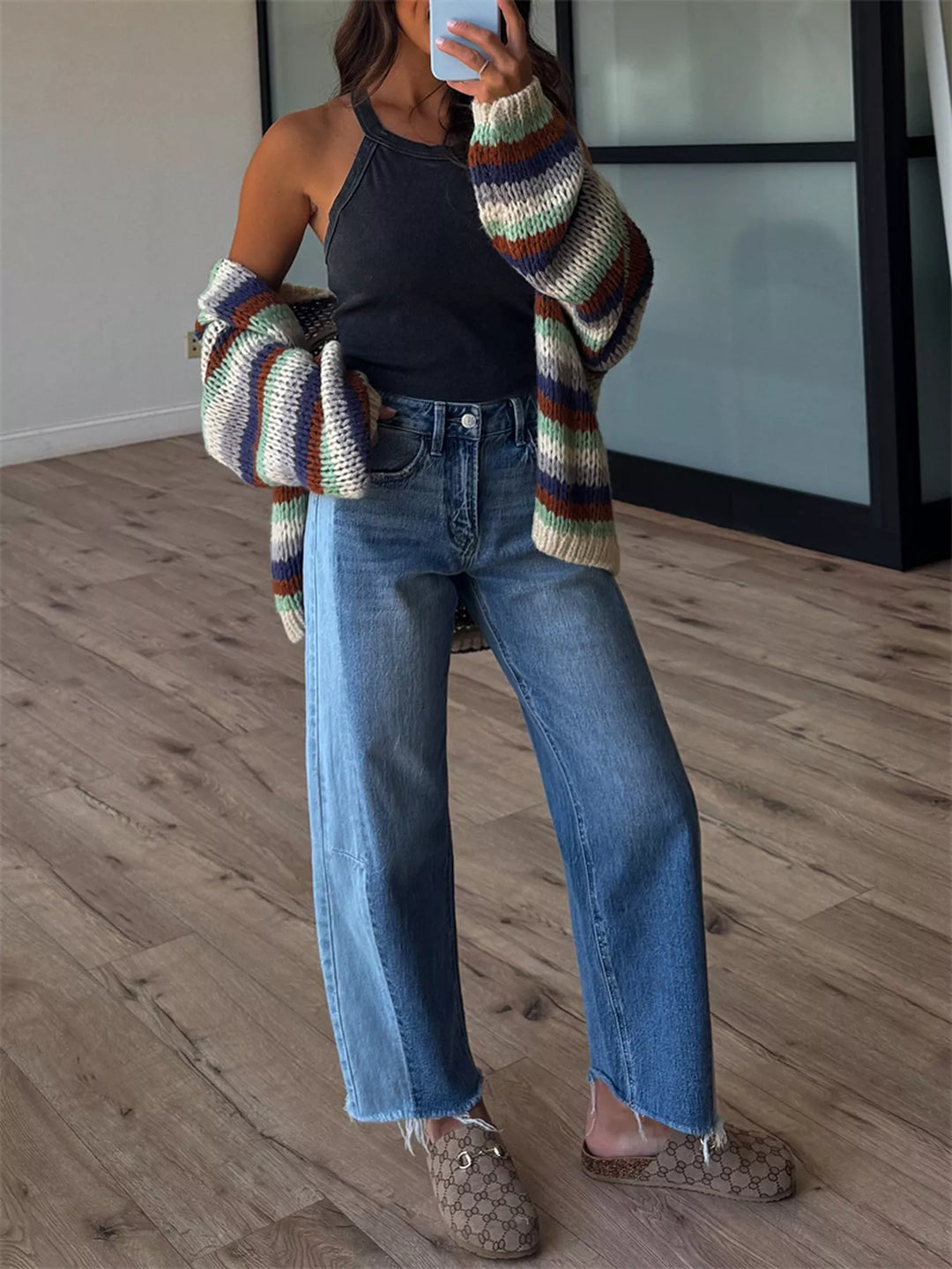 Full length look with the earth stripe cardigan, wide leg jeans and slip on shoes