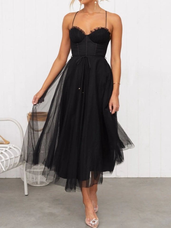 Black midi dress front view with sweetheart neckline