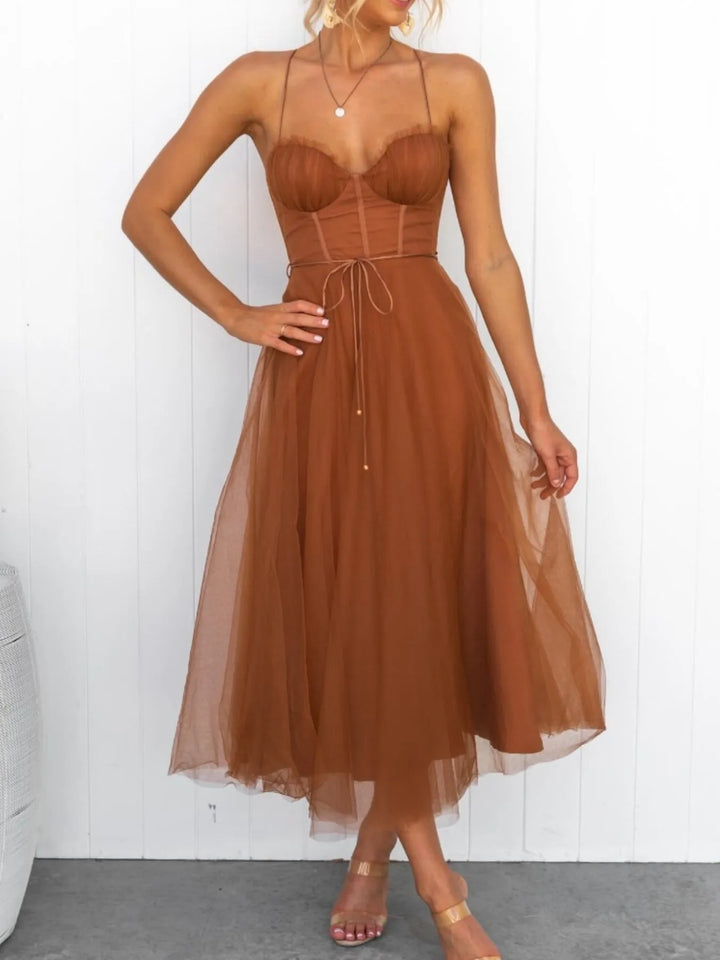 Women's midi dress in caramel, sweetheart tulle midi