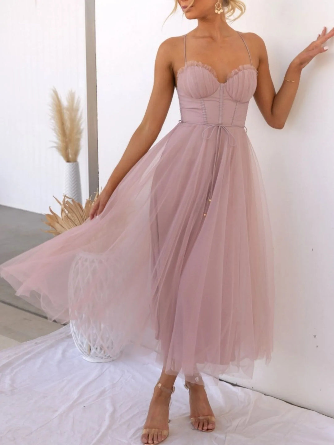 Pink midi dress front view with sweetheart neckline