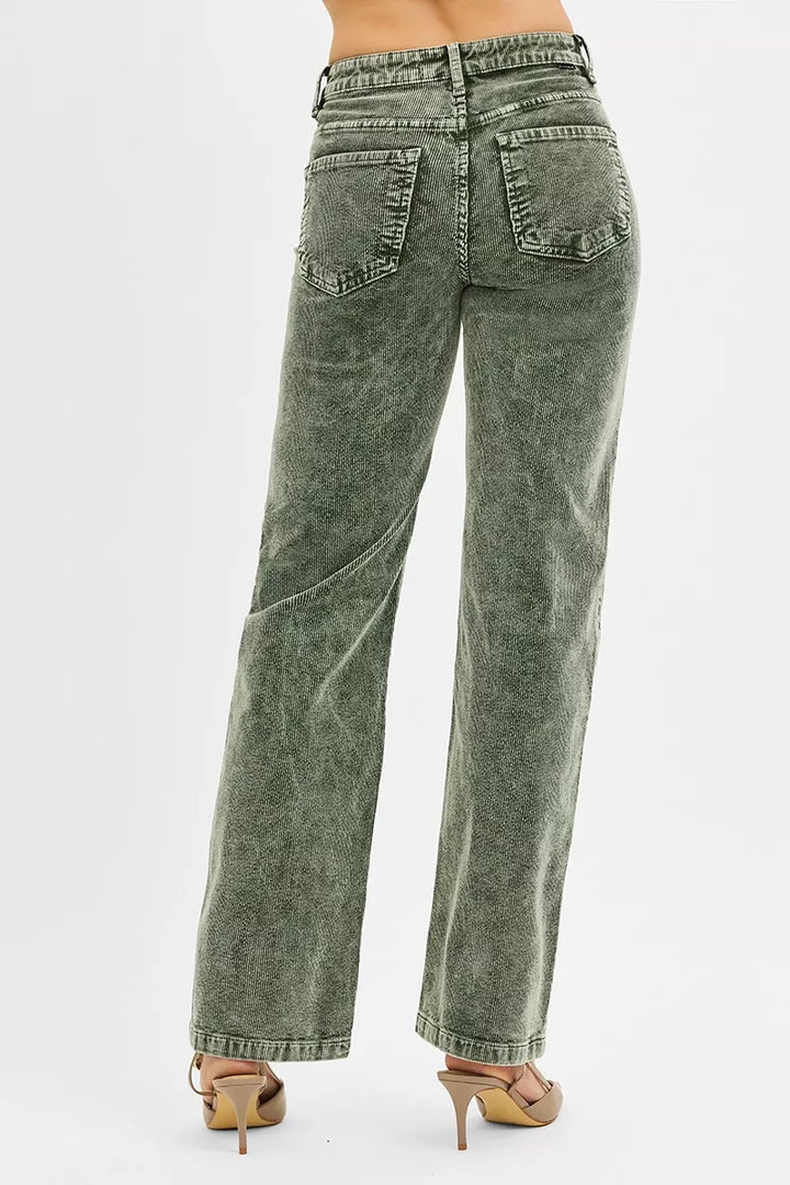 Back view of the olive green corduroy pants showing the rear pockets