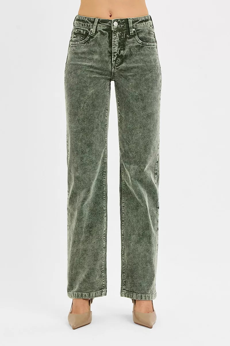 Olive green corduroy pants, close view of the waistband, pockets and button
