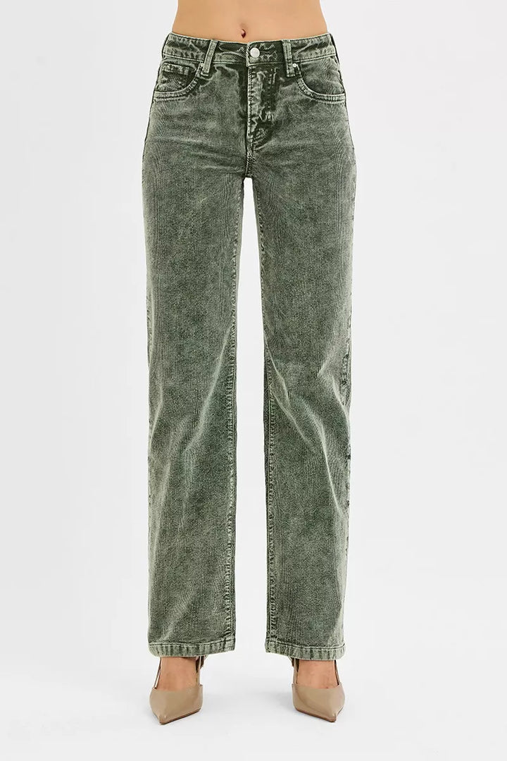 Olive green corduroy pants, close view of the waistband, pockets and button