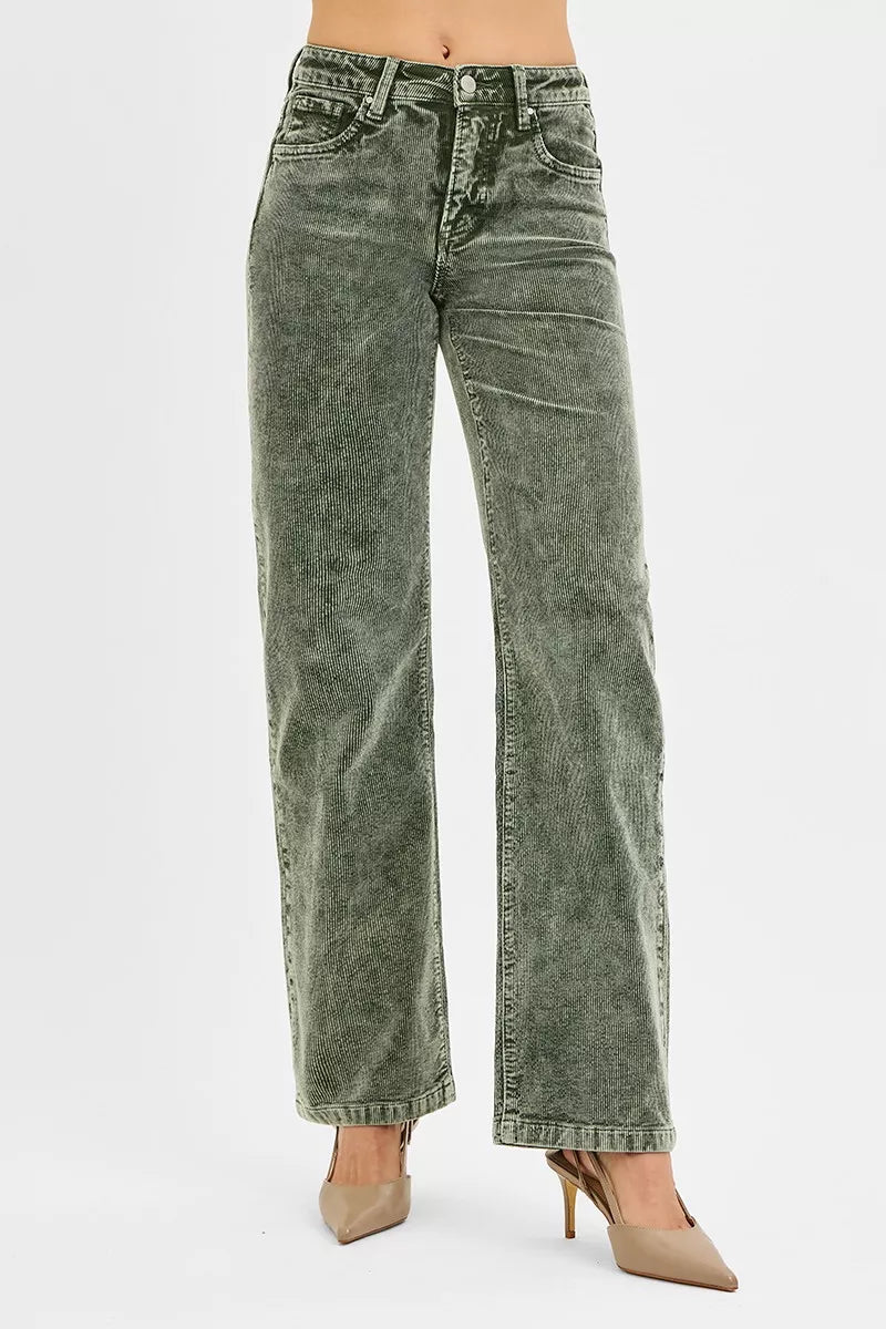 Women's olive green corduroy pants, mid rise straight leg, front view with heels