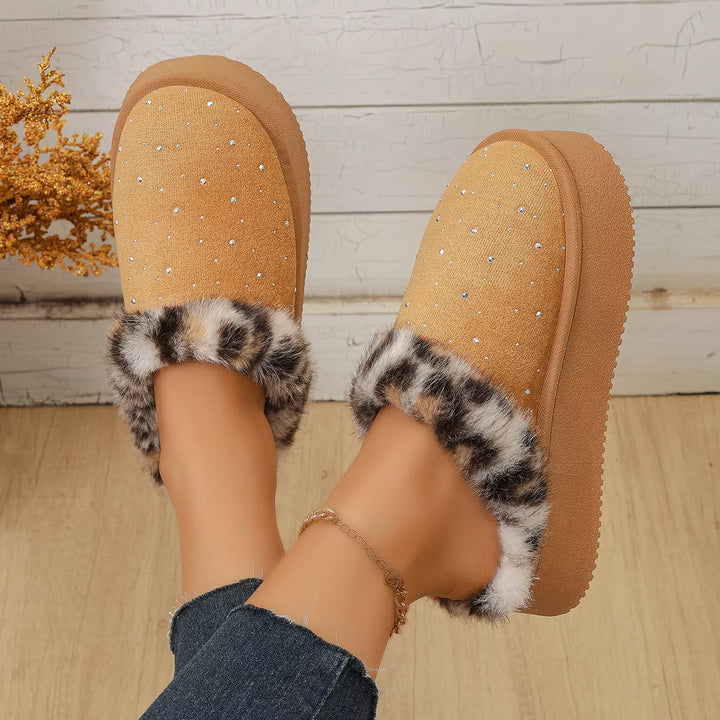 Camel cozy slippers seen from above with leopard trim on the collar