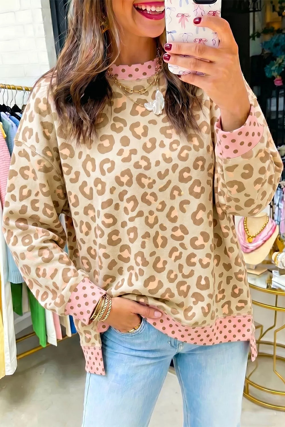 Women's crew neck sweatshirt in tan, leopard print polka dot trim