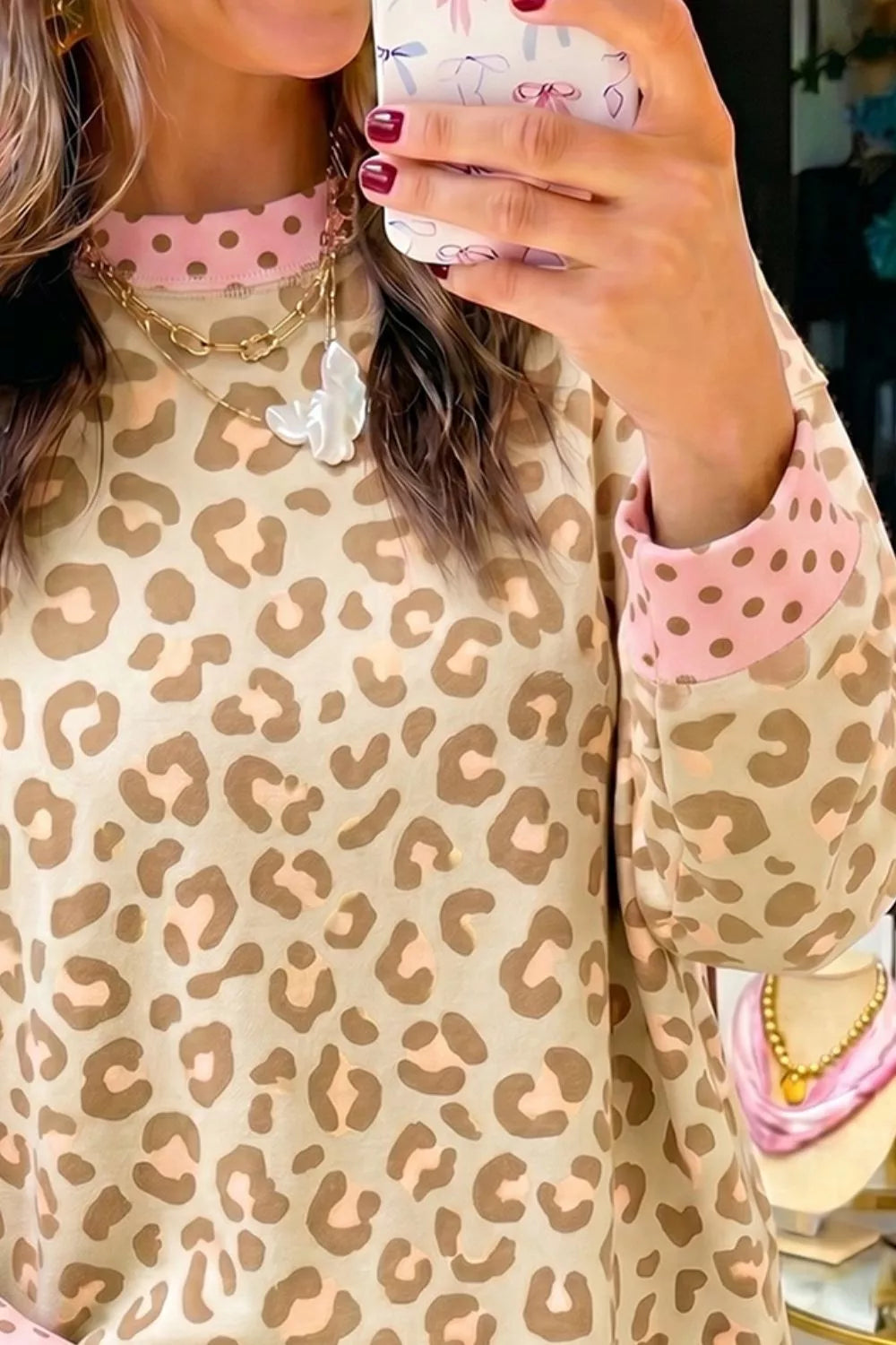 Leopard print polka dot trim in tan, styled on model