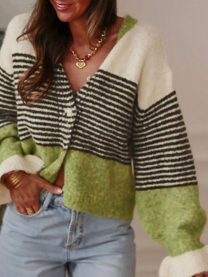 Green and black striped cardigan with V neck and cream sleeve cuffs
