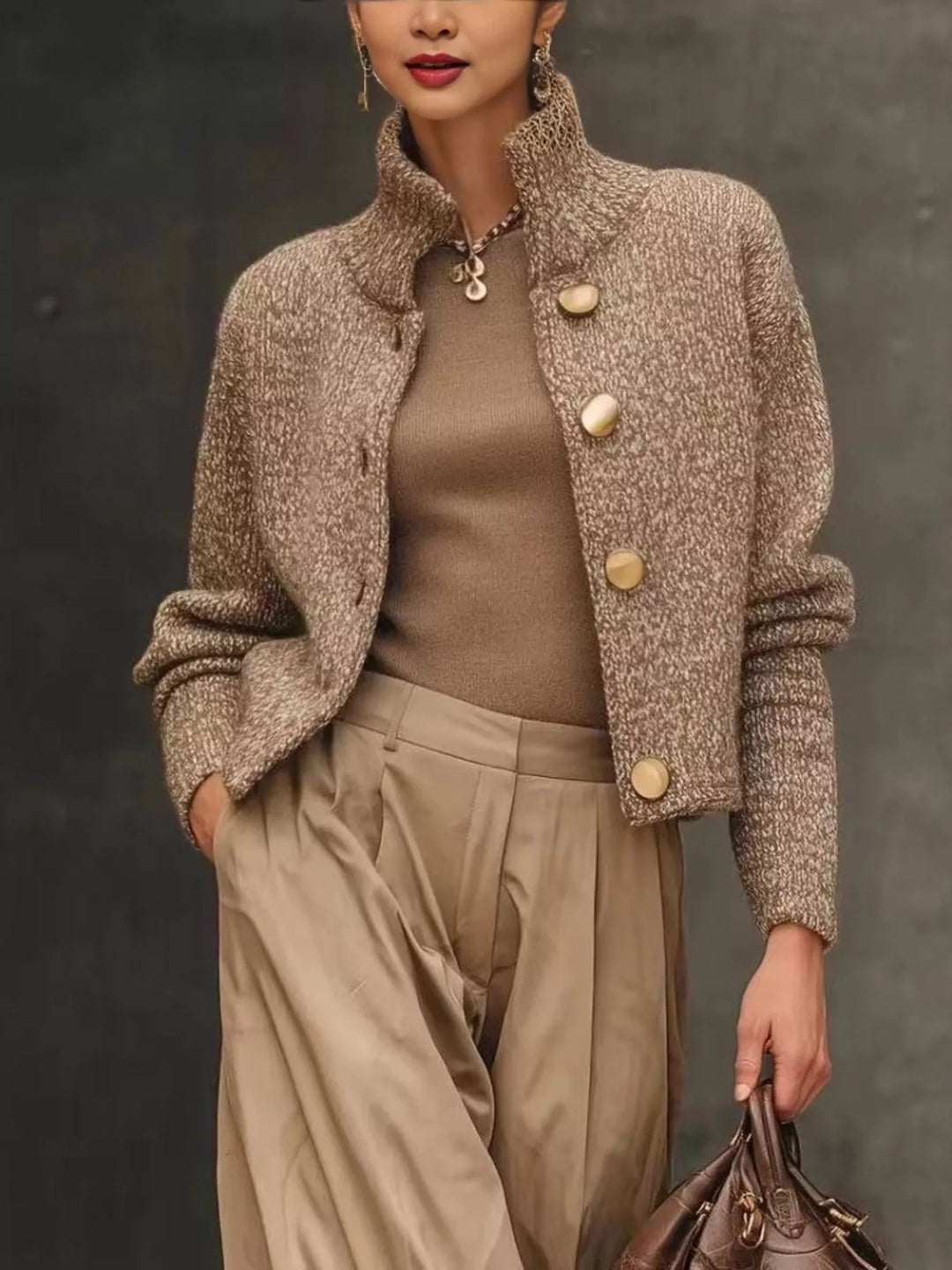 Women's cropped cardigan in camel with stand collar and gold buttons