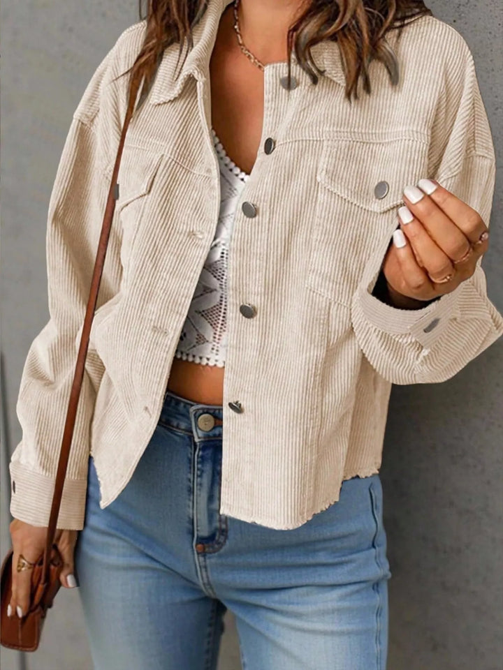Women's cropped jacket in beige, button front shirt style with chest pockets