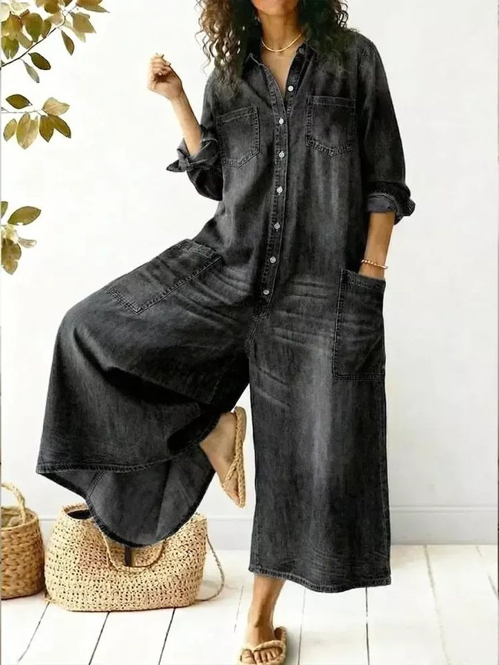Washed button front wide leg plus size in black, styled on model