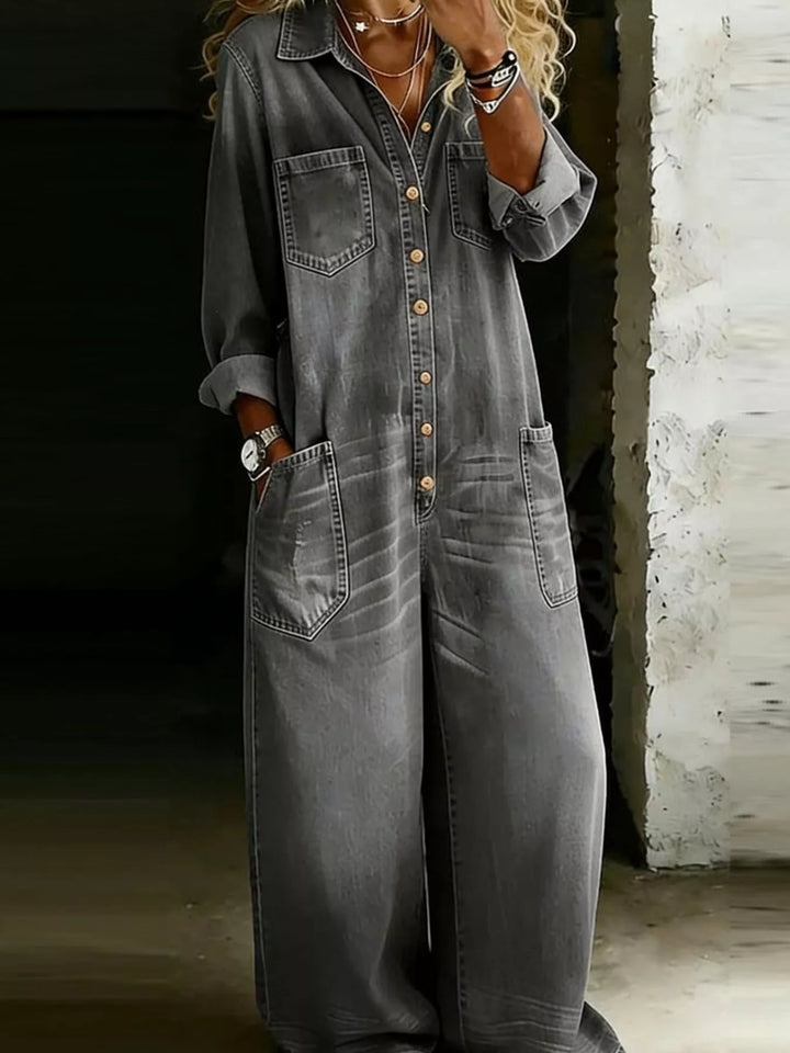 Washed button front wide leg plus size in gray, front view