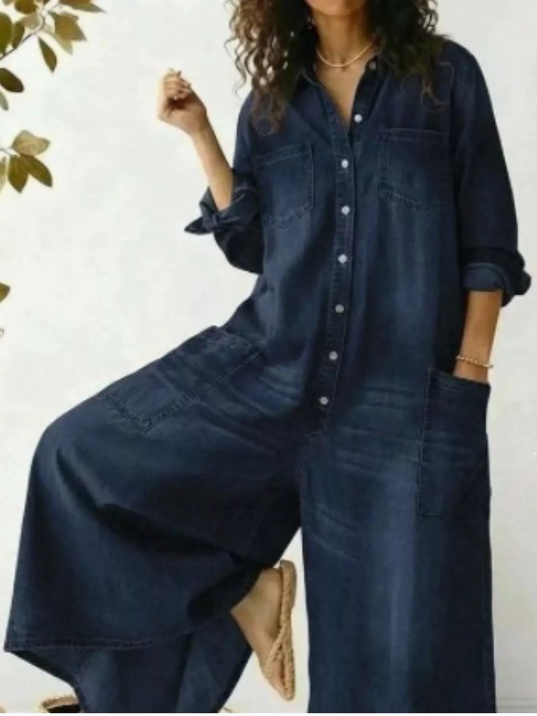 Washed button front wide leg plus size in navy, styled on model