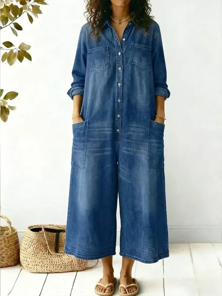 Washed button front wide leg plus size in sky blue, front view