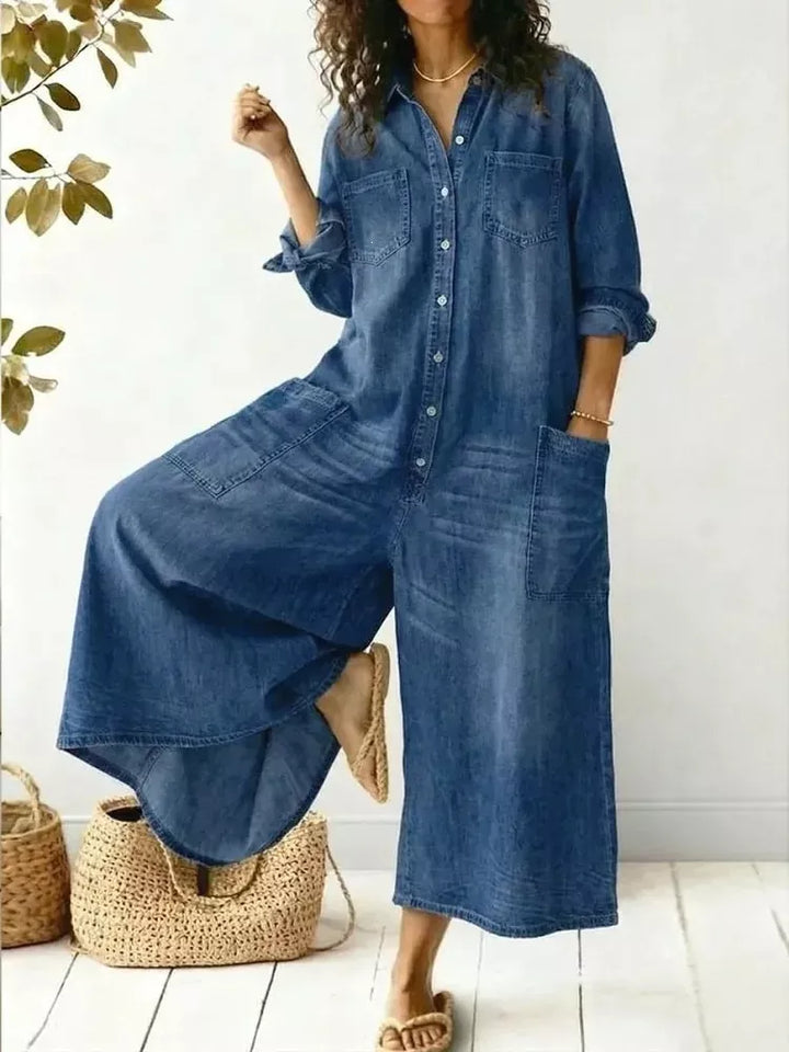 Women's denim-look jumpsuit in sky blue, washed button front wide leg plus size