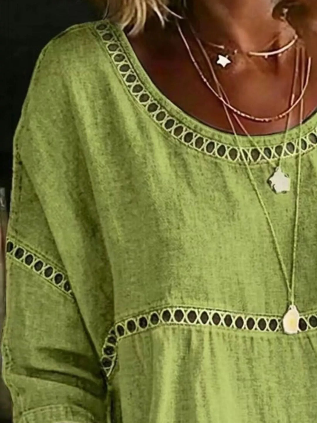 Hollow out lace-up batwing plus size in light green, close-up detail