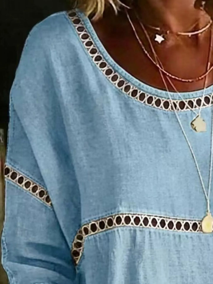 Hollow out lace-up batwing plus size in sky blue, close-up detail