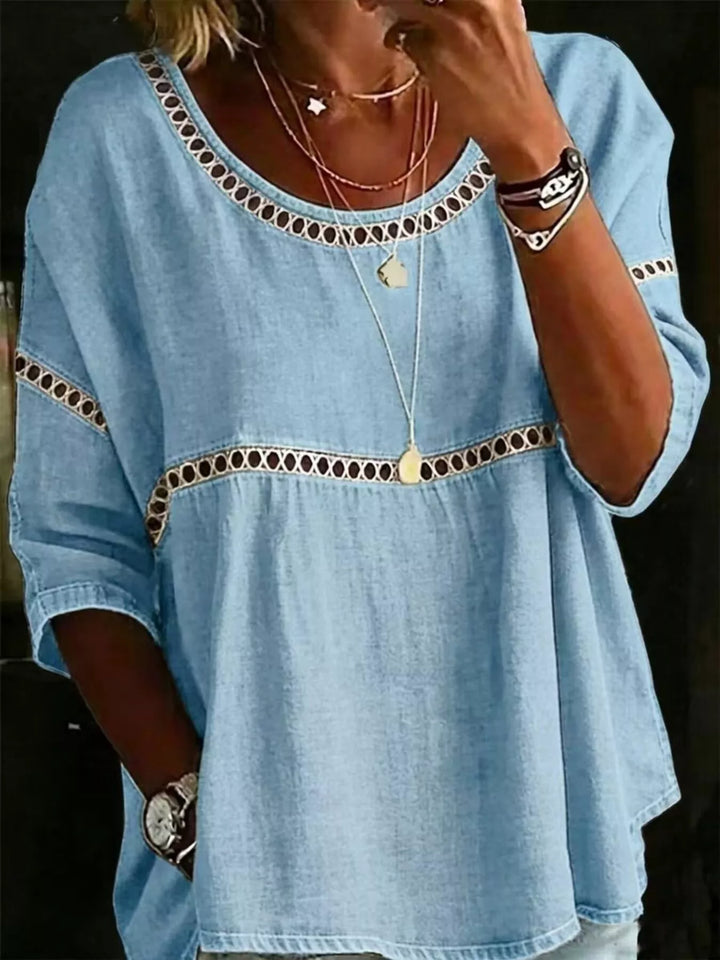 Hollow out lace-up batwing plus size in sky blue, front view