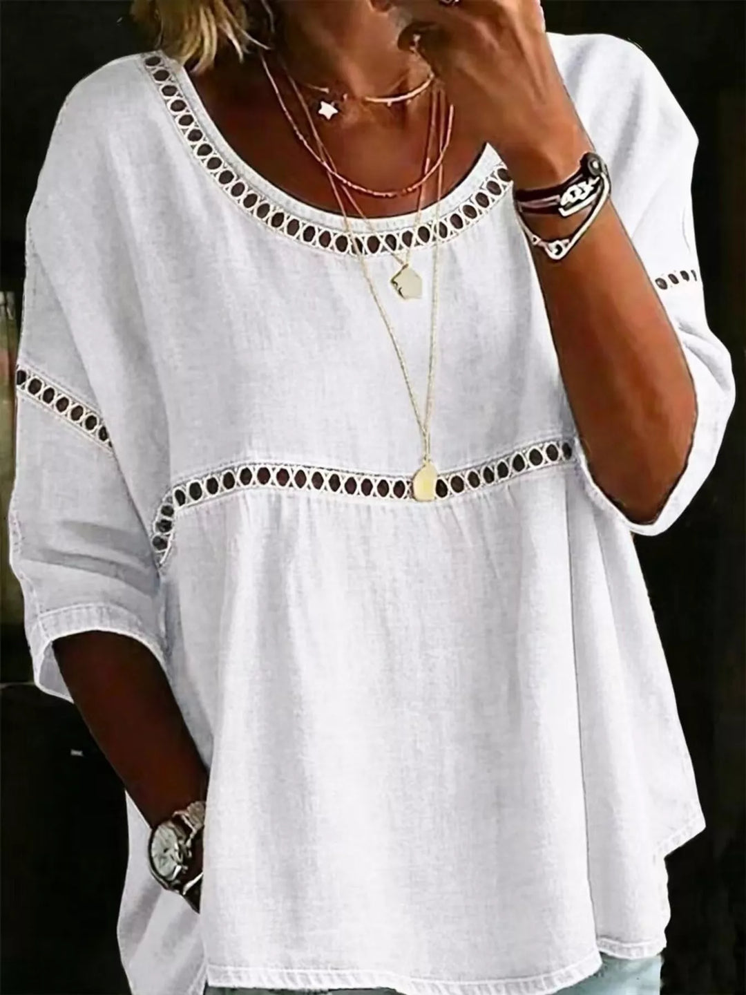 Hollow out lace-up batwing plus size in white, front view