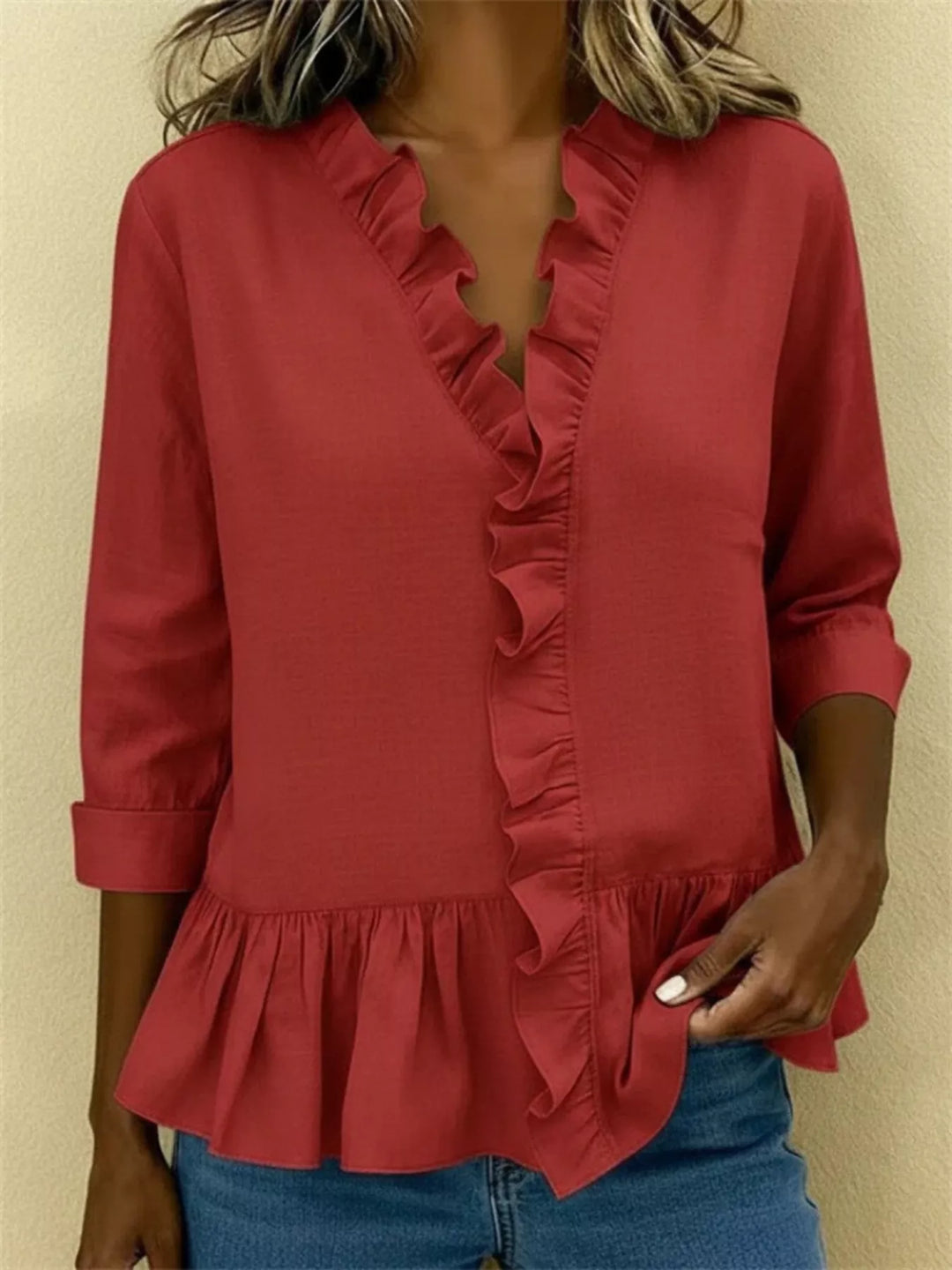 Ruffle front peplum hem relaxed v-neck in burgundy, front view