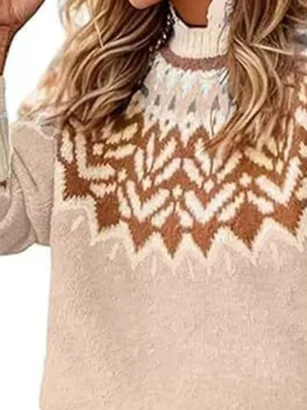 Close-up of the beige sweater zigzag yoke in rust and cream