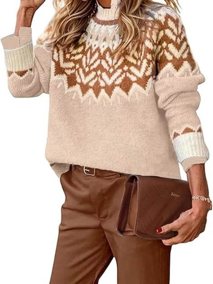 Beige color block Fair Isle sweater with crew neck, front view
