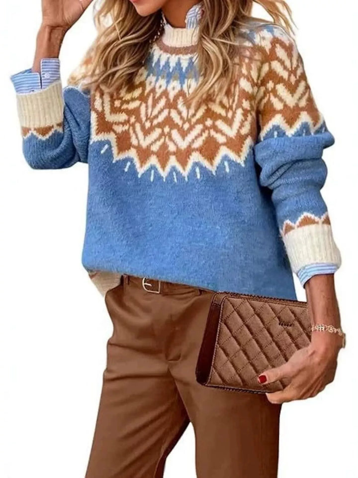 Women's blue Fair Isle sweater with crew neck, zigzag yoke and color block