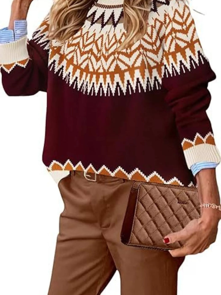 Burgundy Fair Isle crew neck sweater with zigzag yoke, front view