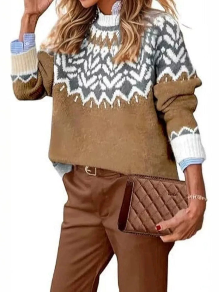 Camel Fair Isle sweater with gray and white zigzag yoke, front view