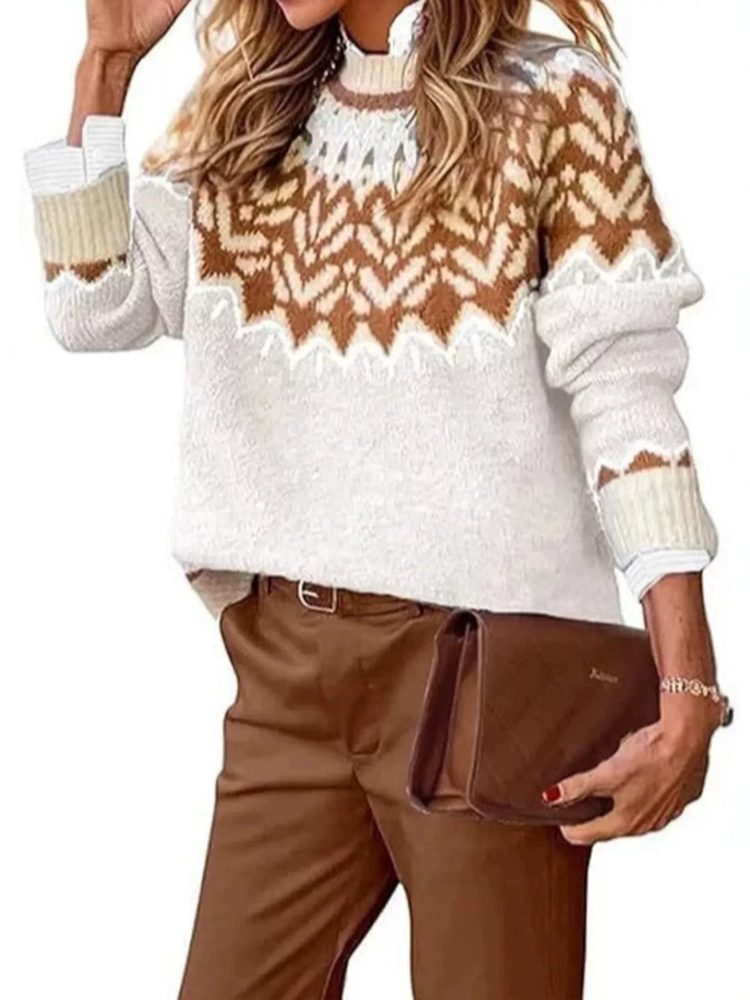 White Fair Isle crew neck sweater with orange zigzag yoke, front view