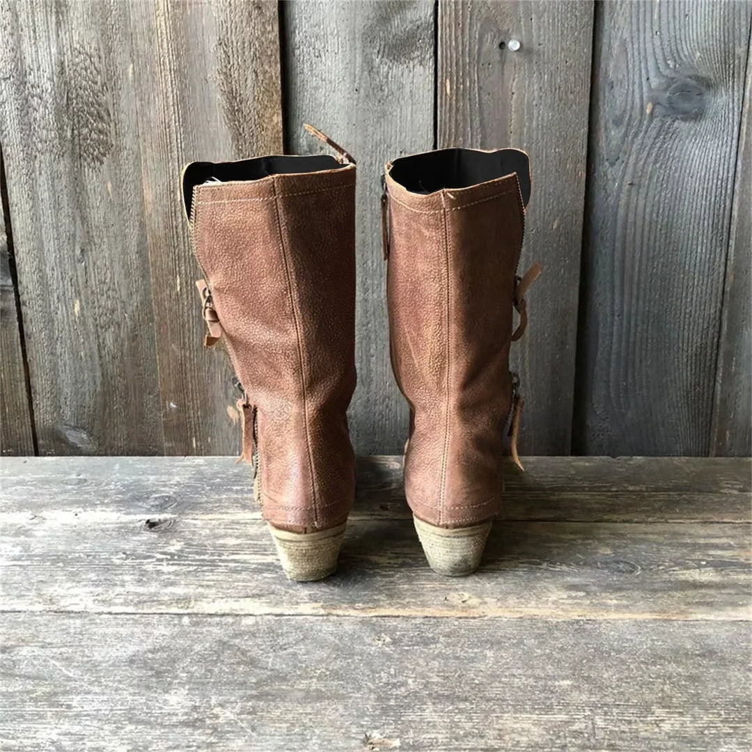 Back view of brown mid calf boots with strap tabs on the outer side