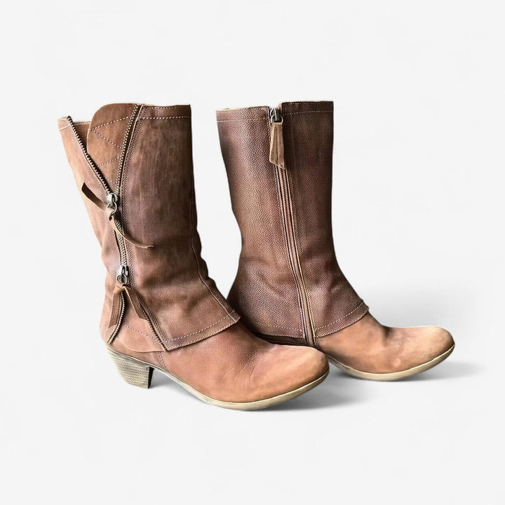 Women's fall boots in brown, mid calf with side zip and low block heel
