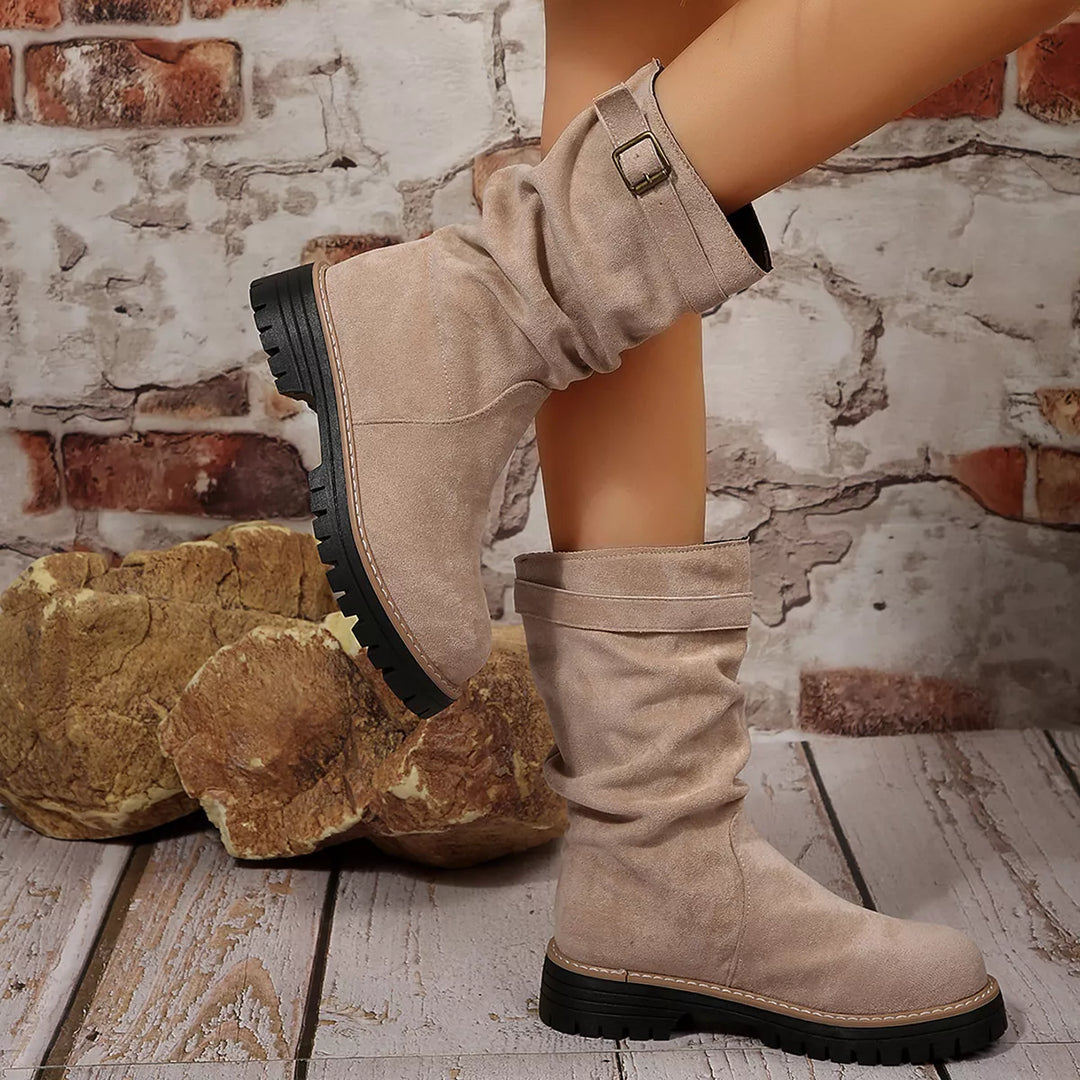 Taupe mid calf slouch boots with chunky sole and buckle strap