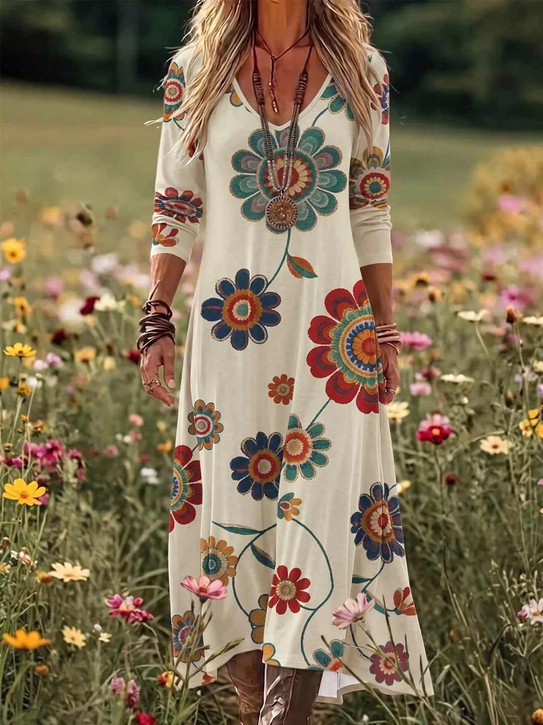 Women's maxi dress in beige, floral v-neck long sleeve maxi