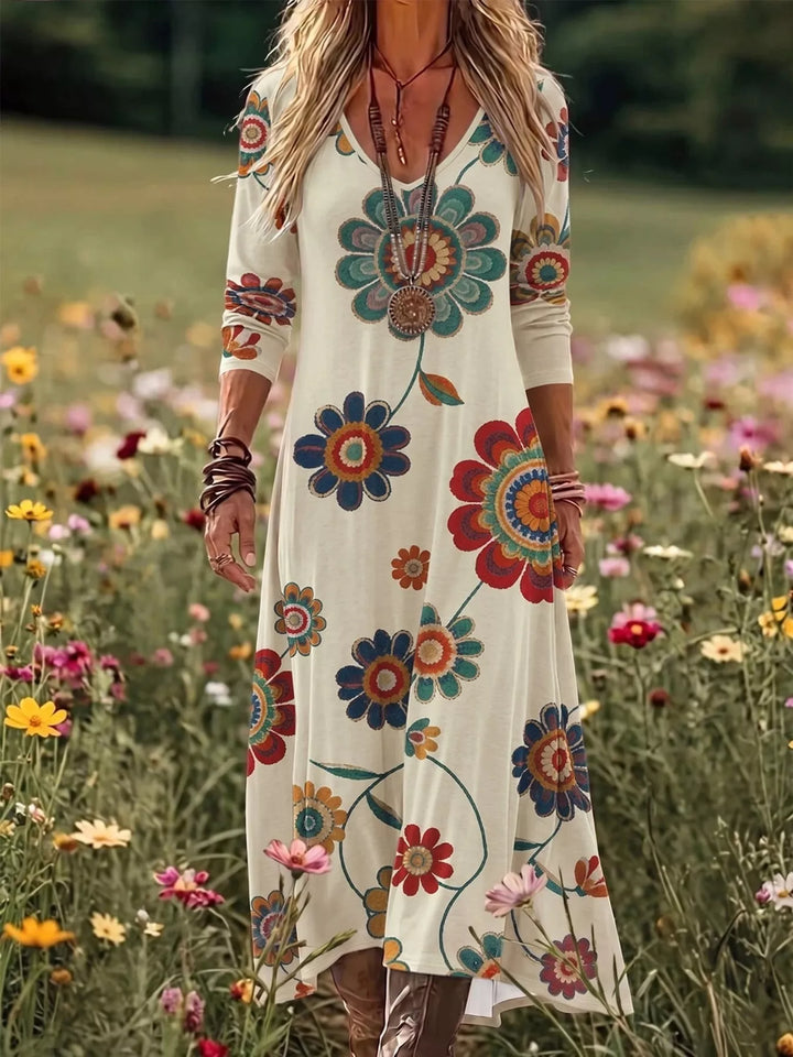 Women's maxi dress in beige, floral v-neck long sleeve maxi