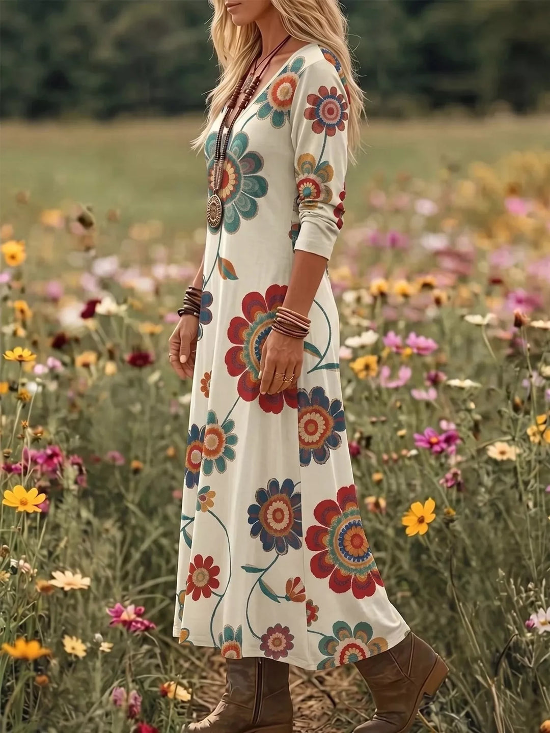 Beige maxi dress worn on a model, showing the V-neck