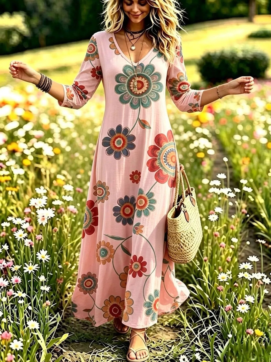 Dusty pink maxi dress front view with medallion floral print