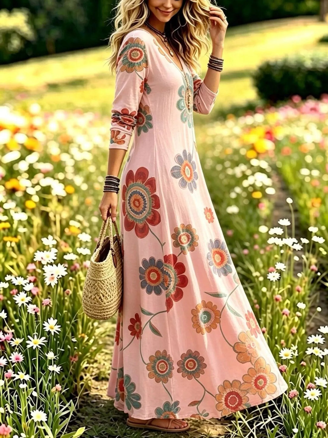 Dusty pink maxi dress worn on a model, showing the flowing maxi skirt