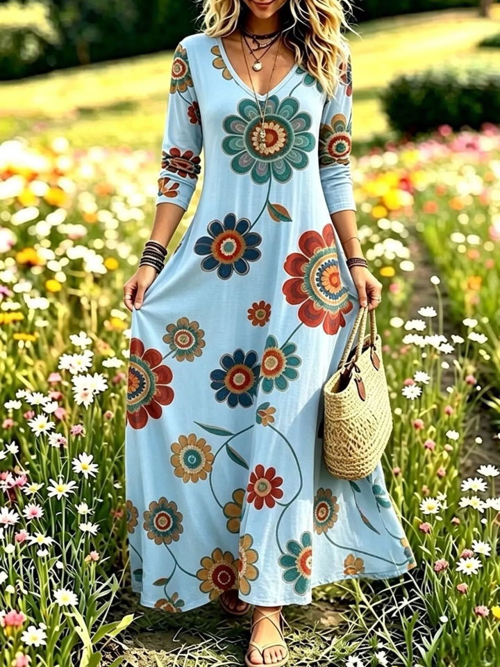 Sky blue maxi dress front view with medallion floral print